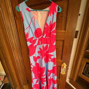NWT Maxi Dress, Flowing Blue Red Floral, Plunge Neck, Resort Wear